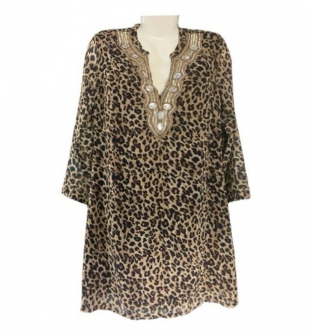 Boston Proper Women's Leopard Print Jeweled V-Neck Dress/Kaftan Boho Glam SZ S